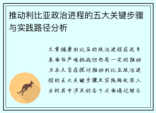 推动利比亚政治进程的五大关键步骤与实践路径分析 推动利比亚政治进程的五大关键步骤与实践路径分析