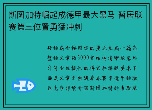 斯图加特崛起成德甲最大黑马 暂居联赛第三位置勇猛冲刺